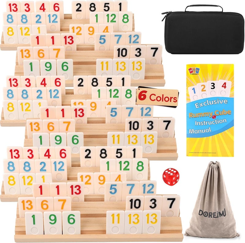 Doreimi Store Premium Rummy Cube Game Set 6 Colors with 6 Wooden Holders and 162 Rummy Tiles, Travel Family Board Game for Adults and Kids Age 8+,Birthday Gifts for Women Men Dad Mom - Image 1